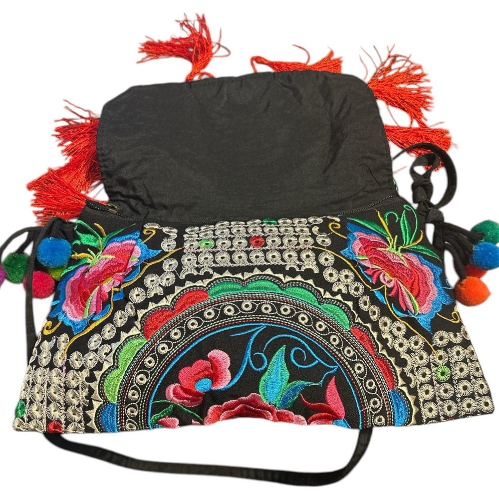 Multicolored Boho Embroidery with Pompoms & Tassels Crossbody - Picture 3 of 8